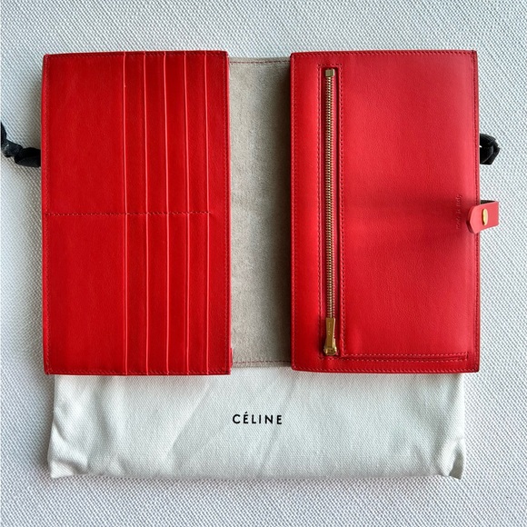 AUTHENTIC 2018 CÉLINE LARGE STRAP WALLET IN GRAINED CALFSKIN - SAND / RED - NWT - Picture 4 of 10